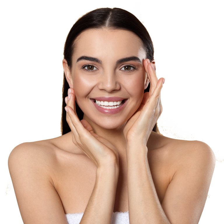 Smiling woman with smooth forehead, showcasing Dermal Fillers for frown lines at Aesthetica Medspa in Paramus, NJ.