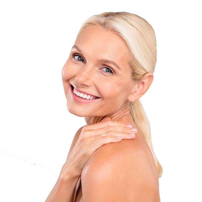 Radiant woman with contoured jawline, showcasing Dermal Fillers for jowls at Aesthetica Medspa in Paramus, NJ