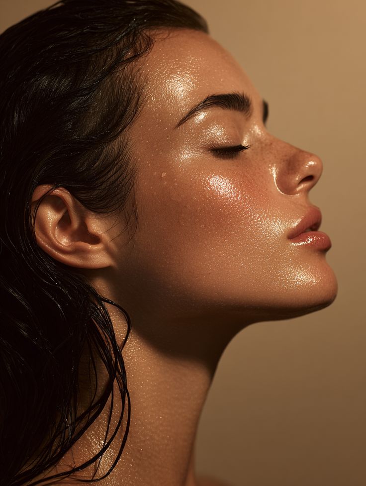 Close-up profile of a woman with dewy, glowing skin and slicked-back hair with her eyes closed