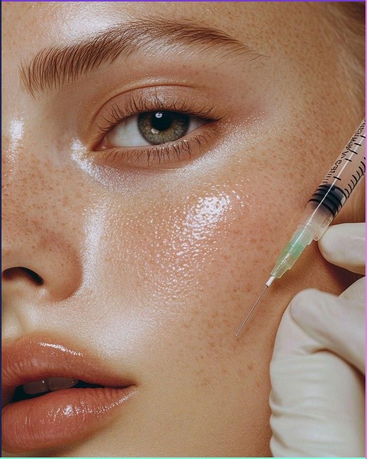 Close-up of a person’s cheek during a dermal filler injection with a gloved hand and syringe near freckled skin.