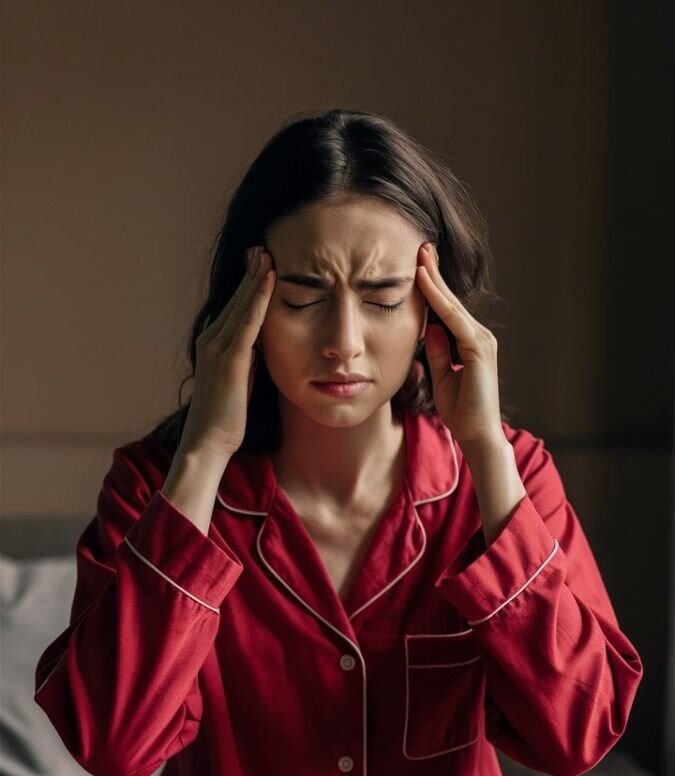 Woman in red pajama set sits cross-legged on a bed, eyes closed, pressing temples with her fingers in a clear headache or stress gesture.