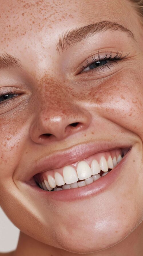 Close-up of a freckled woman smiling, showing bright teeth and clear skin on her cheeks and nose.
