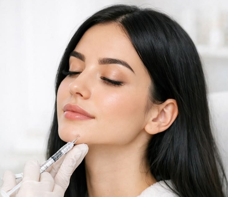 Woman with eyes closed as a clinician administers a cosmetic injection to her chin while wearing white robes and gloves.